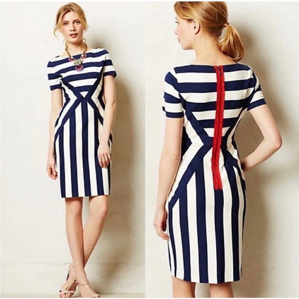 NWT Esley Navy Blue & White Striped Sheath Dress with Red Back Zipper Small
